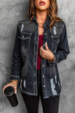 LC8511533-2-S, LC8511533-2-M, LC8511533-2-L, LC8511533-2-XL, LC8511533-2-2XL, Black Women's Oversized Denim Jacket Boyfriend Distressed Jean Trucker Jacket