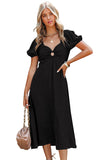 Black Puff Sleeve Midi Dress Ring Front Flowy Dress for Women LC618573-2