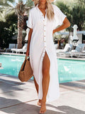 LC618591-1-S, LC618591-1-M, LC618591-1-L, LC618591-1-XL, White Women's Cover Up Short Sleeve Button Down Summer Beach Maxi Dress