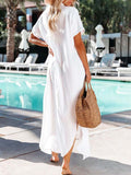LC618591-1-S, LC618591-1-M, LC618591-1-L, LC618591-1-XL, White Women's Cover Up Short Sleeve Button Down Summer Beach Maxi Dress