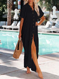LC618591-2-S, LC618591-2-M, LC618591-2-L, LC618591-2-XL, Black Women's Cover Up Short Sleeve Button Down Summer Beach Maxi Dress