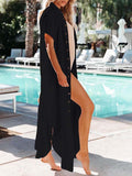 LC618591-2-S, LC618591-2-M, LC618591-2-L, LC618591-2-XL, Black Women's Cover Up Short Sleeve Button Down Summer Beach Maxi Dress