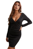 Black Plunging Neck Bodycon Long Sleeve Ladies Black Mini Dress LC227553-2
