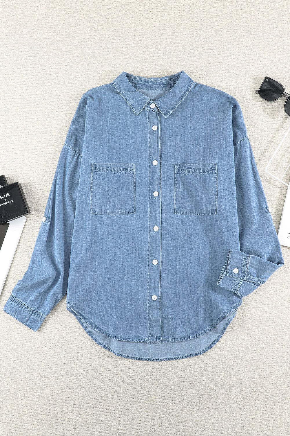 LC2551585-4-S, LC2551585-4-M, LC2551585-4-L, LC2551585-4-XL, LC2551585-4-2XL, Sky Blue Womens Denim Jacket Button Down Long Sleeve Shirts Blouses Tops
