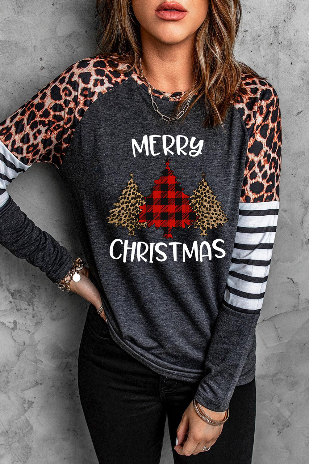 LC25213563-2-S, LC25213563-2-M, LC25213563-2-L, LC25213563-2-XL, LC25213563-2-2XL, Black Women's Merry Christmas Leopard Top Xmas Sweatshirt