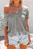 Gray Solid Pocket Front Scoop Neck Short Sleeve T-shirt LC25213432-11