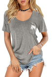Gray Solid Pocket Front Scoop Neck Short Sleeve T-shirt LC25213432-11