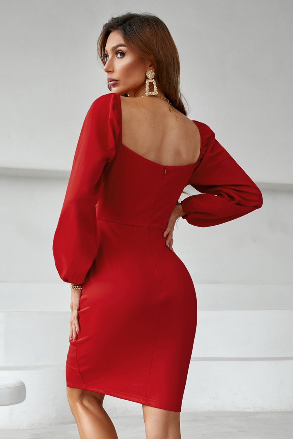 Red Wrapped Bodice Bodycon Mini Dress Bubble Sleeve V Neck Dress with Slit LC227033-3