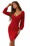 Red Wrapped Bodice Bodycon Mini Dress Bubble Sleeve V Neck Dress with Slit LC227033-3