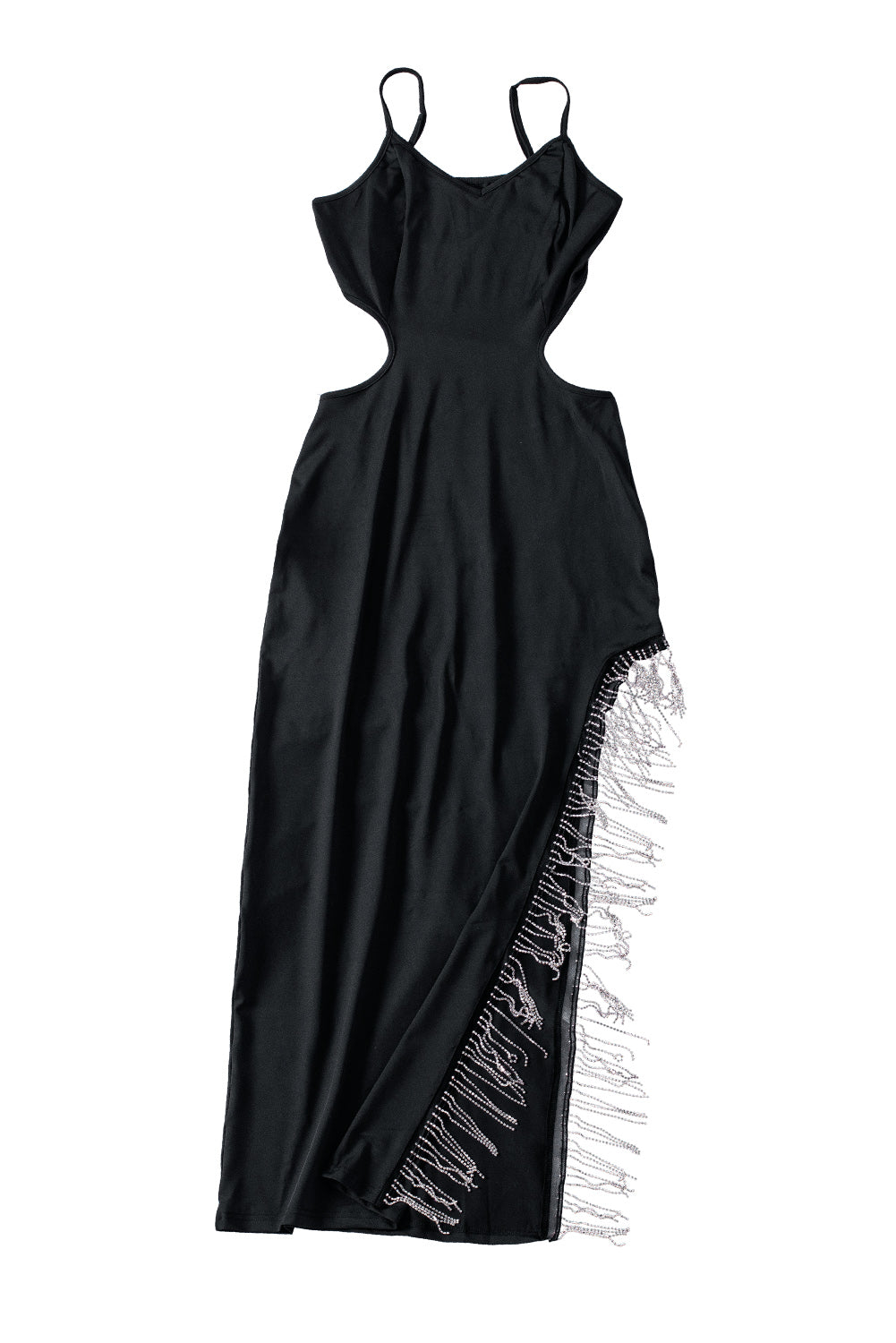 Black Sexy Cut Out Dress Rhinestone Tassel Maxi Dress with Side Slit LC618109-2