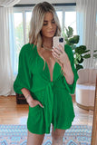 LC643624-9-S, LC643624-9-M, LC643624-9-L, LC643624-9-XL, LC643624-9-2XL, Green Women's Sexy V Neck Jumpsuits Chiffon Tie Knot Front Puff Long Sleeve Romper