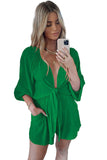 LC643624-9-S, LC643624-9-M, LC643624-9-L, LC643624-9-XL, LC643624-9-2XL, Green Women's Sexy V Neck Jumpsuits Chiffon Tie Knot Front Puff Long Sleeve Romper