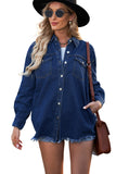 LC8511377-5-S, LC8511377-5-M, LC8511377-5-L, LC8511377-5-XL, LC8511377-5-2XL, Blue Women’s Oversized Shacket Pocket Long Boyfriend Raw Hem Button Jacket