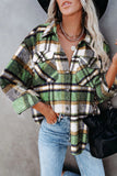 LC255462-9-S, LC255462-9-M, LC255462-9-L, LC255462-9-XL, LC255462-9-2XL, Green Geometric Plaid Print Pocketed Shirt