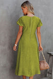 Green Puff Sleeve Midi Dress Ring Front Flowy Dress for Women LC618573-9