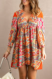 LC221873-22-S, LC221873-22-M, LC221873-22-L, LC221873-22-XL, Multicolor Bohemian 3/4 Sleeve V Neck Vintage Mini Dress for Women