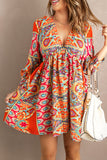 LC221873-22-S, LC221873-22-M, LC221873-22-L, LC221873-22-XL, Multicolor Bohemian 3/4 Sleeve V Neck Vintage Mini Dress for Women