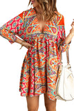 LC221873-22-S, LC221873-22-M, LC221873-22-L, LC221873-22-XL, Multicolor Bohemian 3/4 Sleeve V Neck Vintage Mini Dress for Women