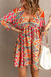 LC221873-22-S, LC221873-22-M, LC221873-22-L, LC221873-22-XL, Multicolor Bohemian 3/4 Sleeve V Neck Vintage Mini Dress for Women