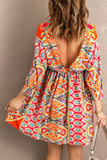 LC221873-22-S, LC221873-22-M, LC221873-22-L, LC221873-22-XL, Multicolor Bohemian 3/4 Sleeve V Neck Vintage Mini Dress for Women
