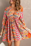 LC221873-22-S, LC221873-22-M, LC221873-22-L, LC221873-22-XL, Multicolor Bohemian 3/4 Sleeve V Neck Vintage Mini Dress for Women