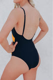 Orange Colorblock Mesh Backless One Piece Bathing Suit LC442720-14
