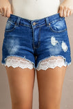 LC78193-5-S, LC78193-5-M, LC78193-5-L, LC78193-5-XL, LC78193-5-2XL, Blue Denim Shorts for Women Ripped Short Jeans Lace Splicing Distressed Denim Shorts