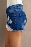 LC78193-5-S, LC78193-5-M, LC78193-5-L, LC78193-5-XL, LC78193-5-2XL, Blue Denim Shorts for Women Ripped Short Jeans Lace Splicing Distressed Denim Shorts