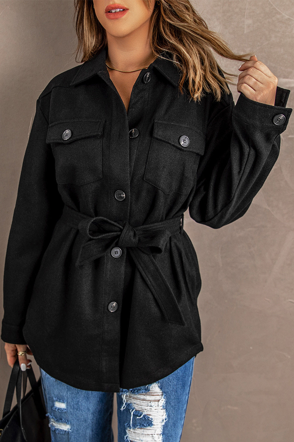 Black Women's Lapel Button Down Coat Winter Belted Coat with Pockets LC8511359-2