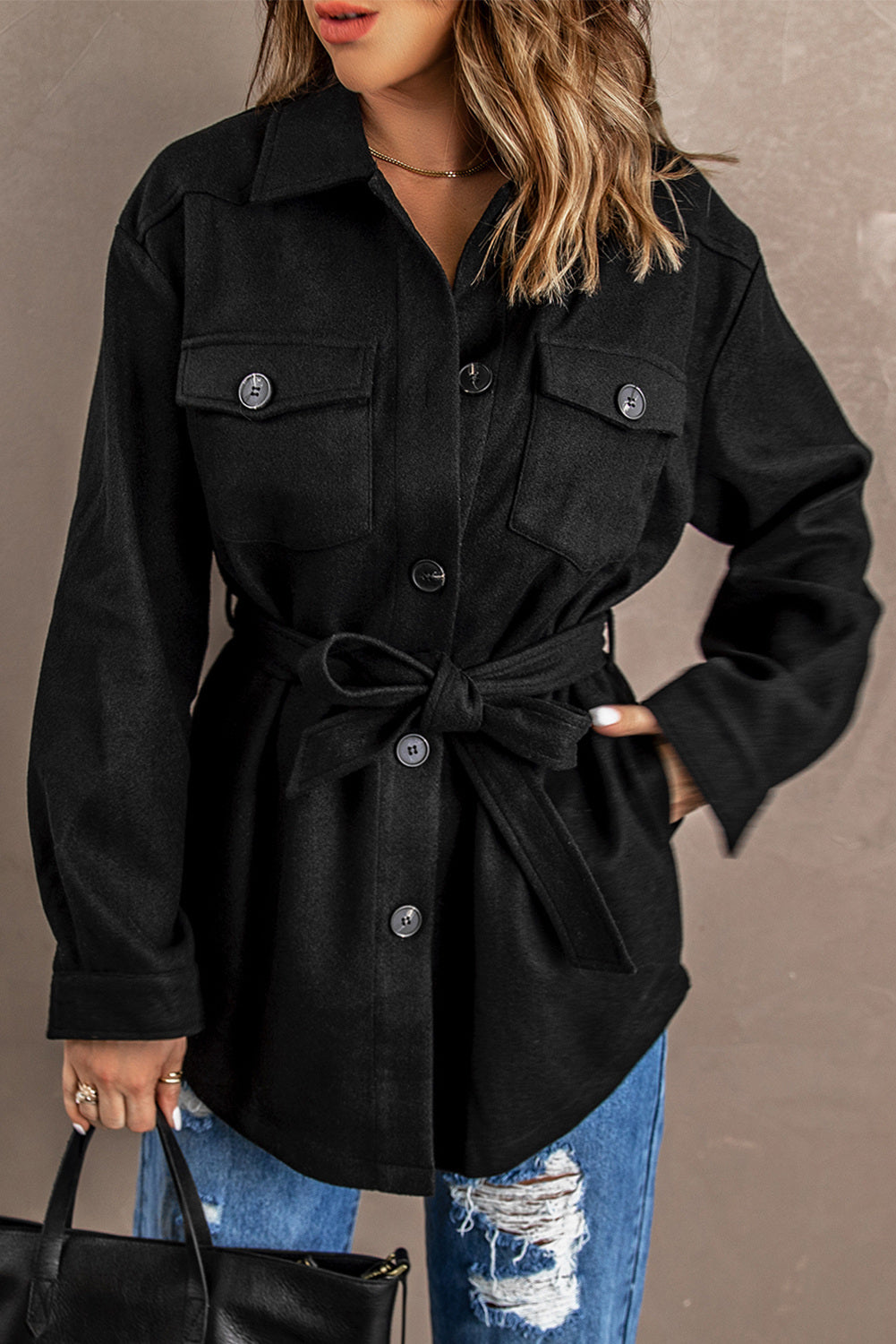 Black Women's Lapel Button Down Coat Winter Belted Coat with Pockets LC8511359-2