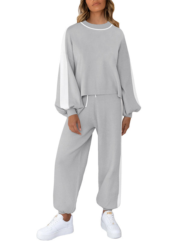 LC622153-11-S, LC622153-11-M, LC622153-11-L, LC622153-11-XL, Grey Women's Two Piece Outfits Striped Sweatshirt Jogger Pants Tracksuit