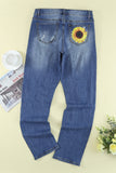 Sky Blue Leopard Sunflower Distressed Ripped Boyfriend Denim Jeans LC781996-4