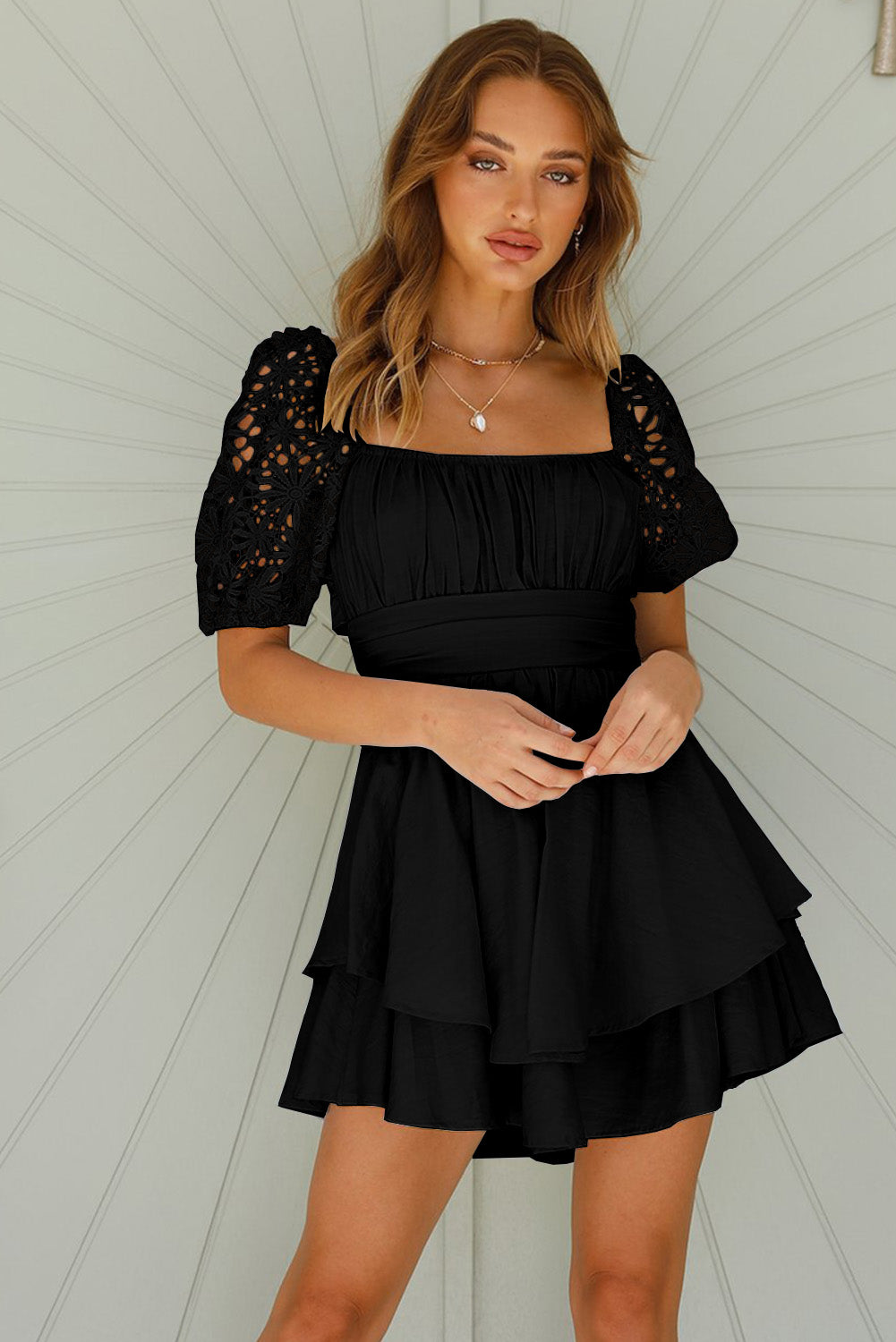 Black White Puff Sleeve Dress Square Neck Lace Ruffle A Line Mini Dress  LC2211141-2