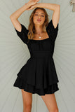 Black White Puff Sleeve Dress Square Neck Lace Ruffle A Line Mini Dress  LC2211141-2