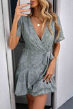 Gray White Mini Dress Wrap V Neck Floral Lace Short Dress LC224799-9