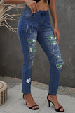 Green Floral Leopard Ripped Boyfriend Distressed Denim Pants Jeans LC782289-9
