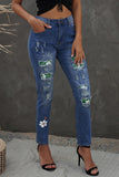 Green Floral Leopard Ripped Boyfriend Distressed Denim Pants Jeans LC782289-9