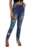 Green Floral Leopard Ripped Boyfriend Distressed Denim Pants Jeans LC782289-9