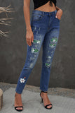 Green Floral Leopard Ripped Boyfriend Distressed Denim Pants Jeans LC782289-9
