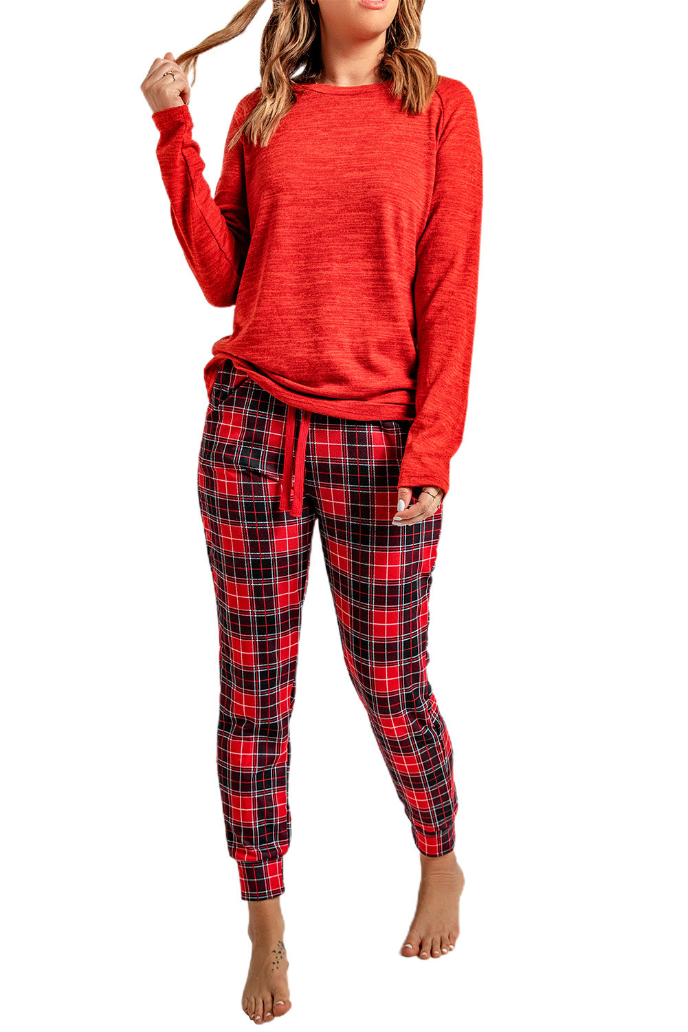 LC4512118-3-S, LC4512118-3-M, LC4512118-3-L, LC4512118-3-XL, LC4512118-3-2XL, Red Women’s Pjs Christmas Long Sleeve Top and Plaid Pants Loungewear Sleepwear