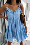 Sky Blue Sleeveless Solid Ruffle Slip Mini Dress for Women LC2211357-4