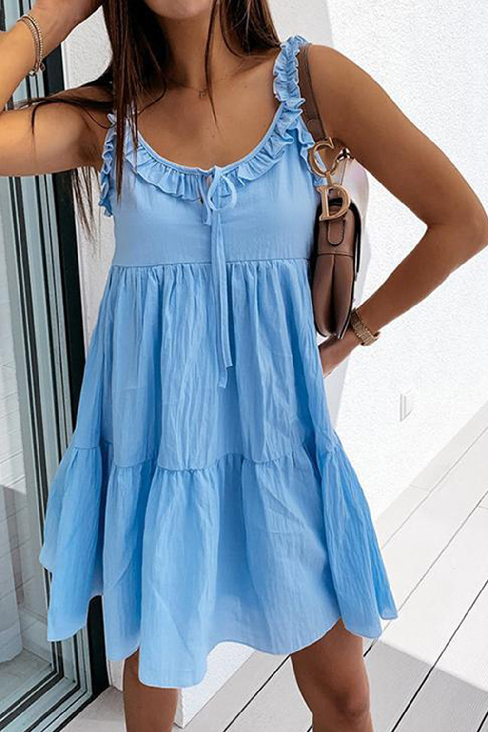 Sky Blue Sleeveless Solid Ruffle Slip Mini Dress for Women LC2211357-4