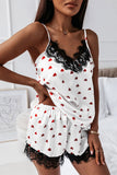 LC4512252-1-S, LC4512252-1-M, LC4512252-1-L, LC4512252-1-XL, LC4512252-1-2XL, White Women's Lace V Neck Valentine Heart Print Pajama Set Sleepwear