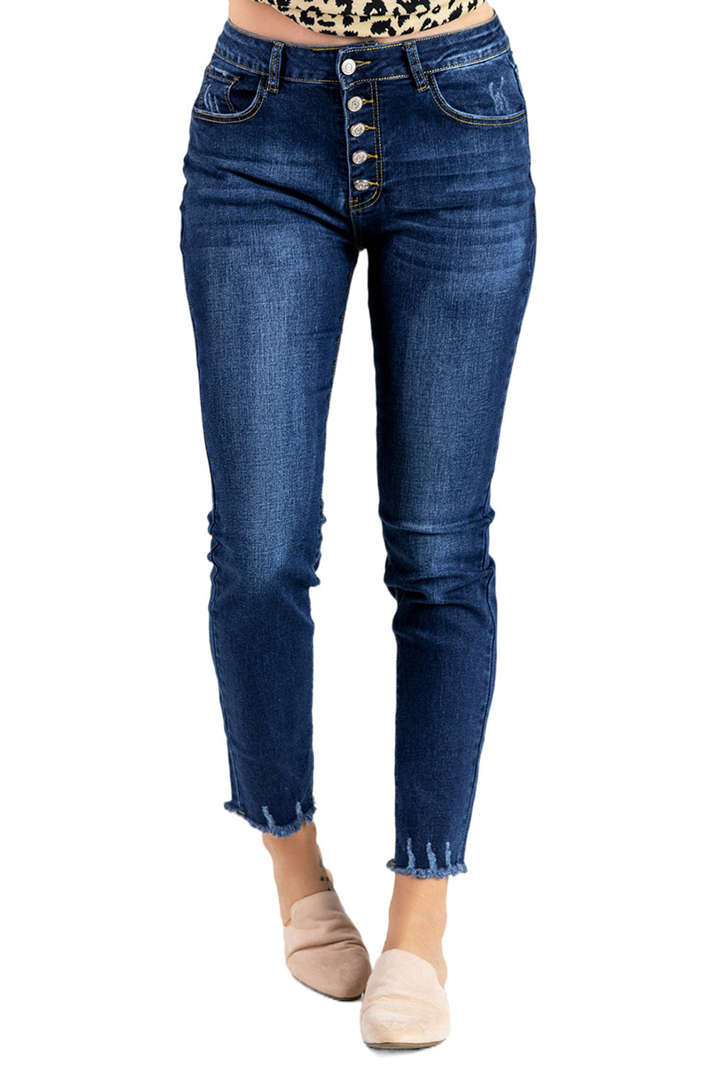 Blue Women's Skinny Jeans with Buttons Casual Stretchy High Waisted Jeans LC78896-5