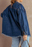 LC8511377-5-S, LC8511377-5-M, LC8511377-5-L, LC8511377-5-XL, LC8511377-5-2XL, Blue Women’s Oversized Shacket Pocket Long Boyfriend Raw Hem Button Jacket