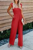 Red Ruffle Sleeve Smocked Bodice Wide Leg Jumpsuit for Women LC643773-3