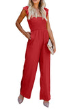 Red Ruffle Sleeve Smocked Bodice Wide Leg Jumpsuit for Women LC643773-3