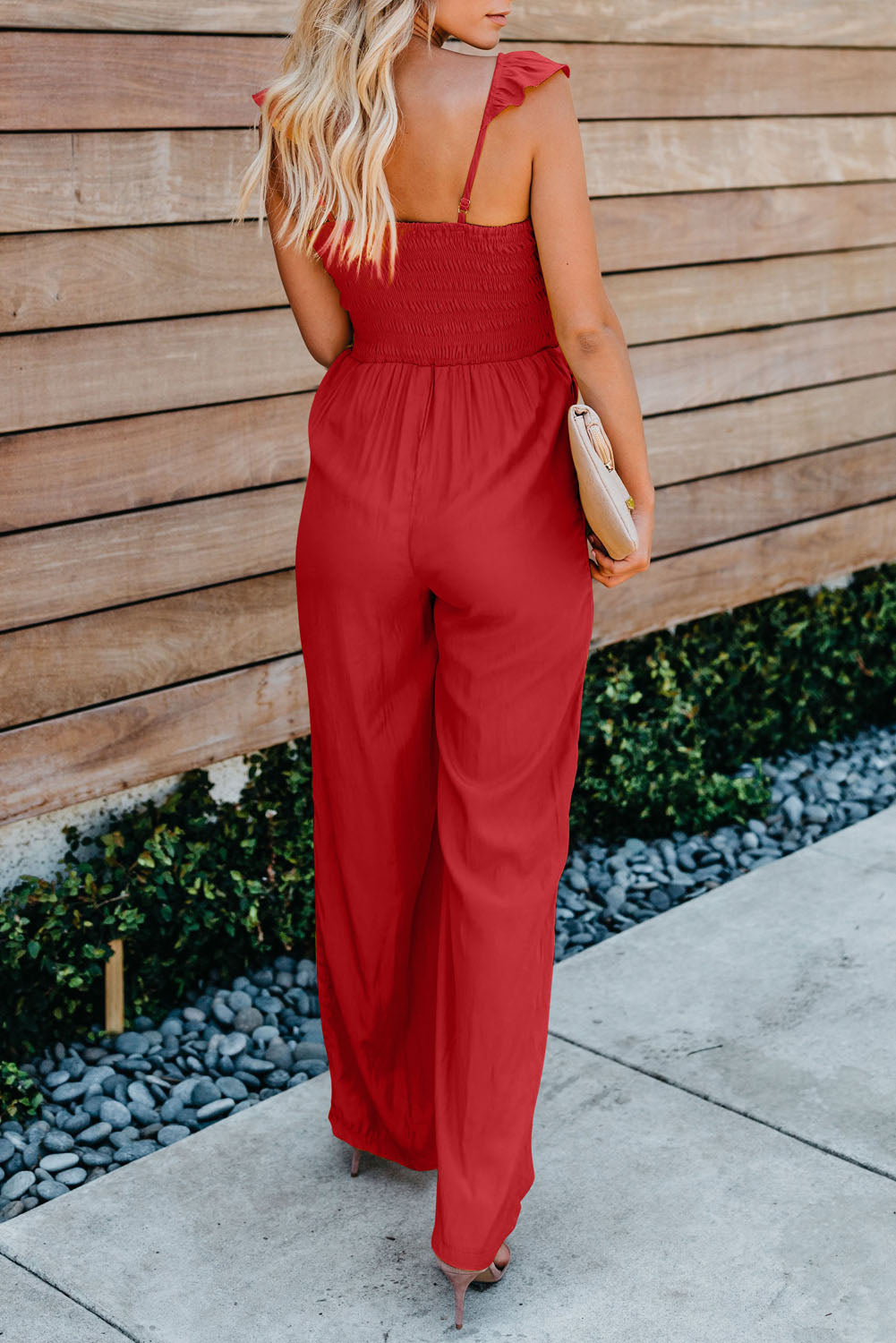 Red Ruffle Sleeve Smocked Bodice Wide Leg Jumpsuit for Women LC643773-3