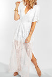 White White Bridesmaid Dresses V Neck Floral Lace Maxi Dress LC618815-1