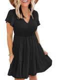 Black White Ruffle Dress Smocked Flowy Mini Dress for Women LC2210934-2